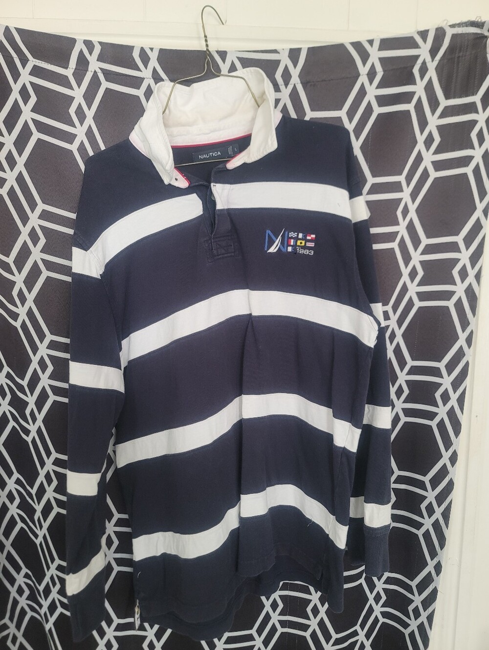 Nautica Men’s Navy and White Striped Zip-Up Rugby Pullover
